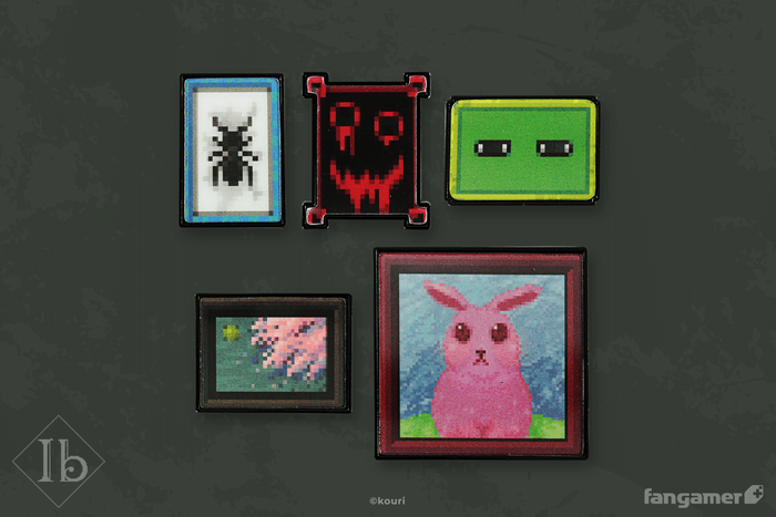 A set of five Ib lenticular pins in one of their two states. There’s a spider, a bloody red face, a pair of eyes, an abstract space image, and a pink bunny.