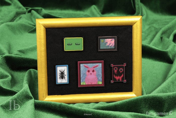 A set of five Ib lenticular pins in one of their two states. There’s an insect, a bloody red face, a pair of closed eyes, an abstract space image, and a pink bunny. They're photographed inside a yellow frame, against a velvety green background.