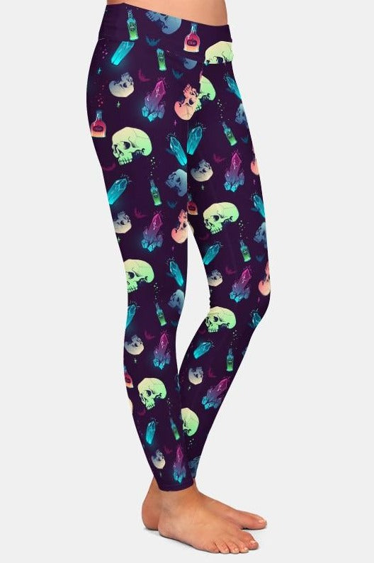 Halloween Style Crystals, Skulls And Potions Printed Brushed Leggings
