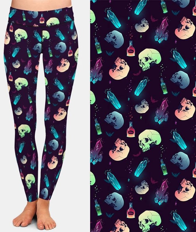 Halloween Style Crystals, Skulls And Potions Printed Brushed Leggings