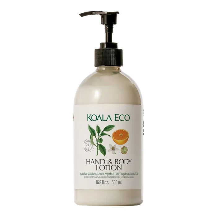 A 500ml bottle of Koala Eco Hand & Body Lotion with a black pump dispenser and a white label featuring green text and botanical illustrations.