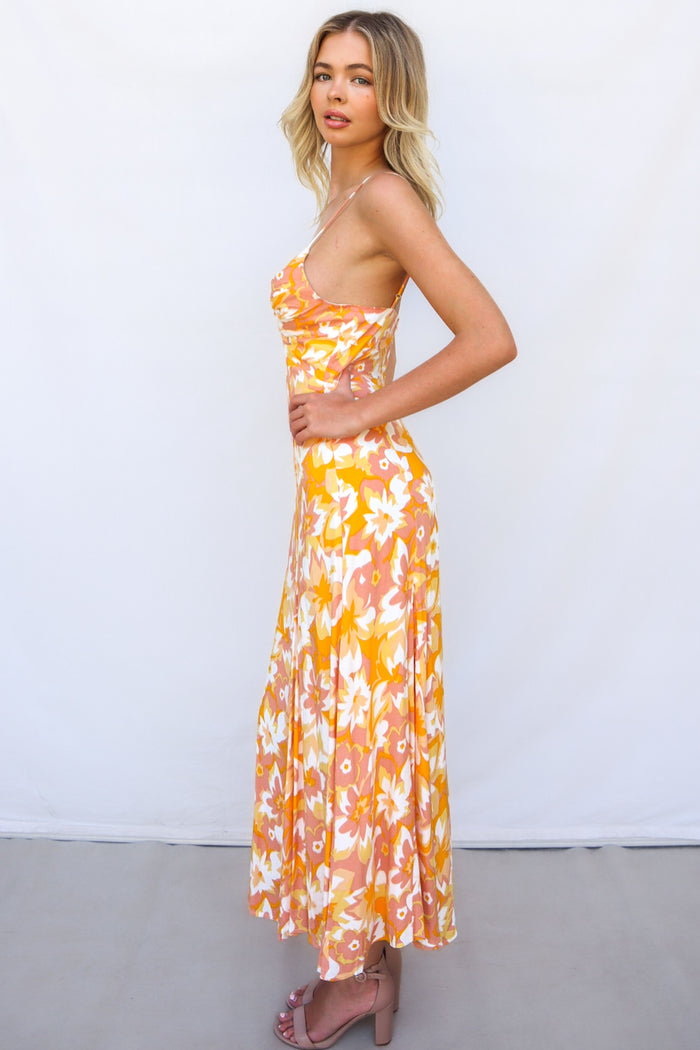 Janiya Midi Dress - Orange Floral - Runway Goddess