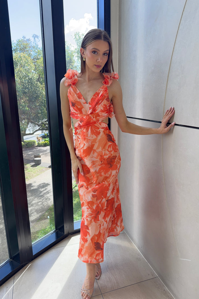 Jovia Maxi Dress - Orange Floral - Runway Goddess
