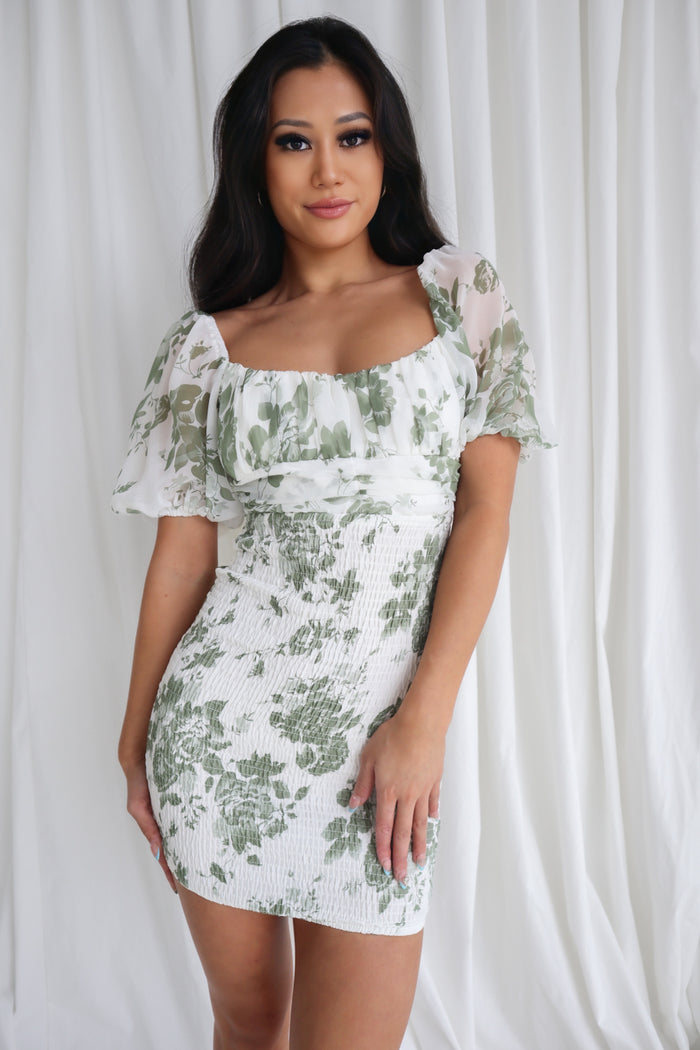 Julie Mini Dress - Green Floral - Runway Goddess