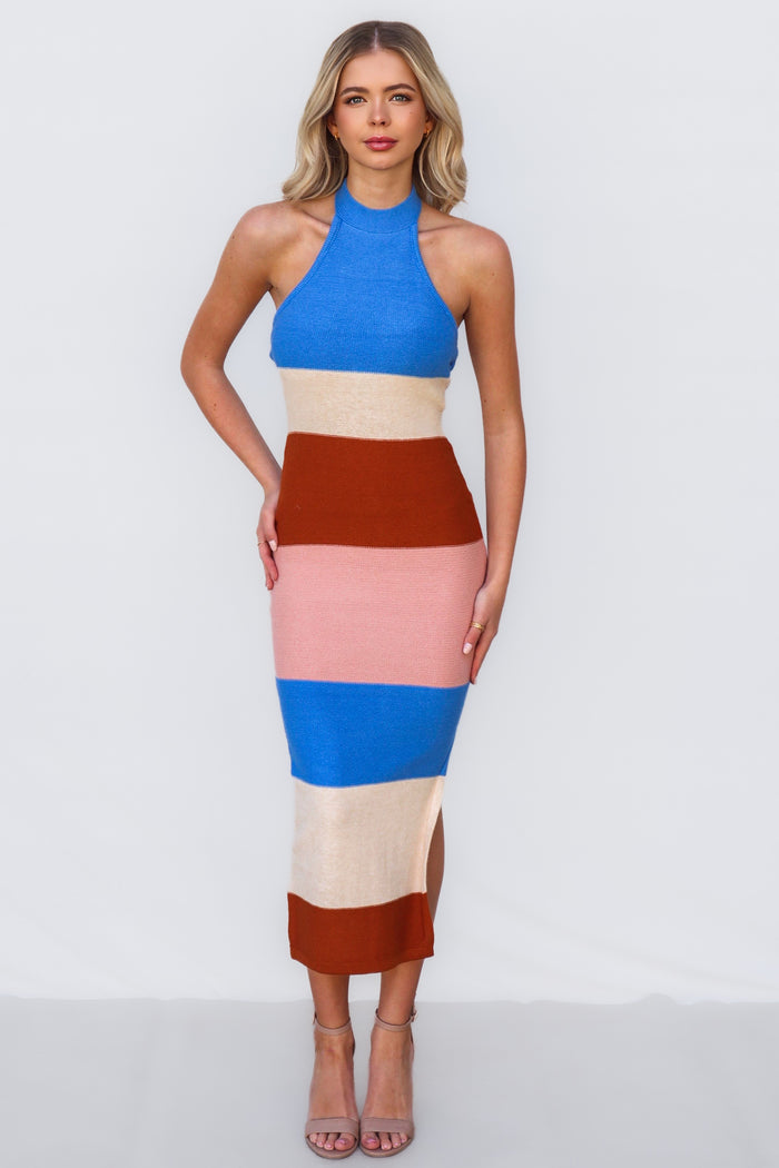 Kelly Midi Dress - Blue/Tan - Runway Goddess