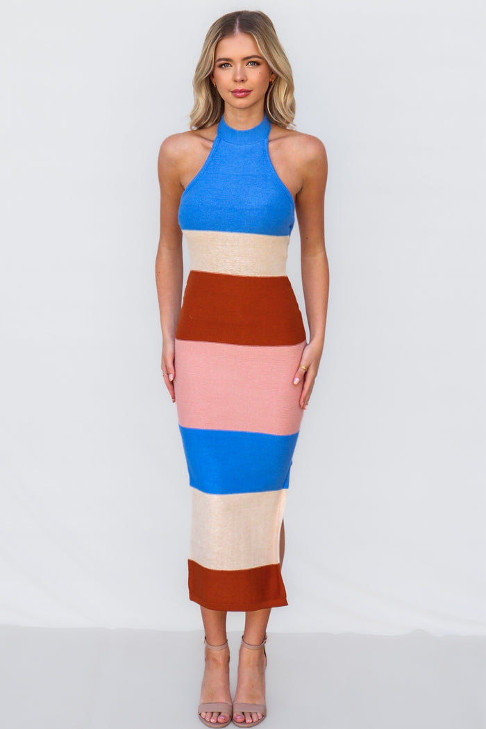 Kelly Midi Dress - Blue/Tan - Runway Goddess