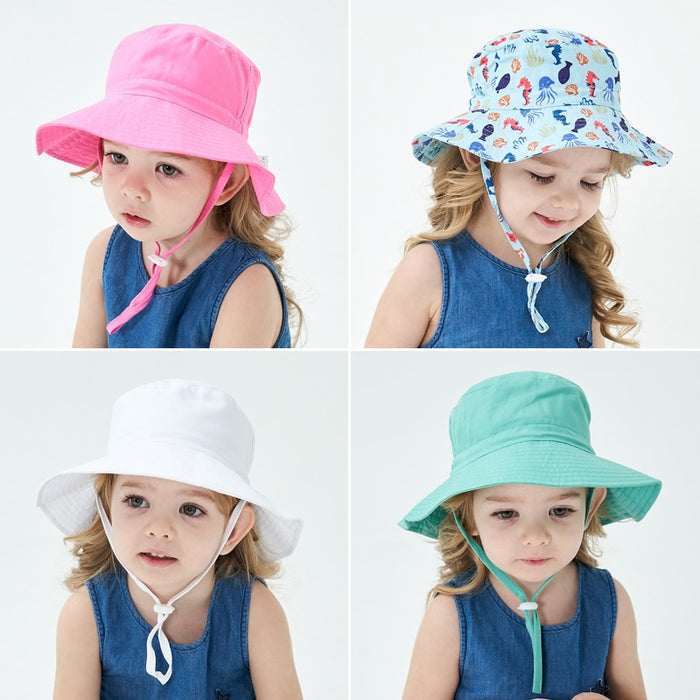 Kids Assorted Coloured Summer Bucket Hats With Adjustable Tie