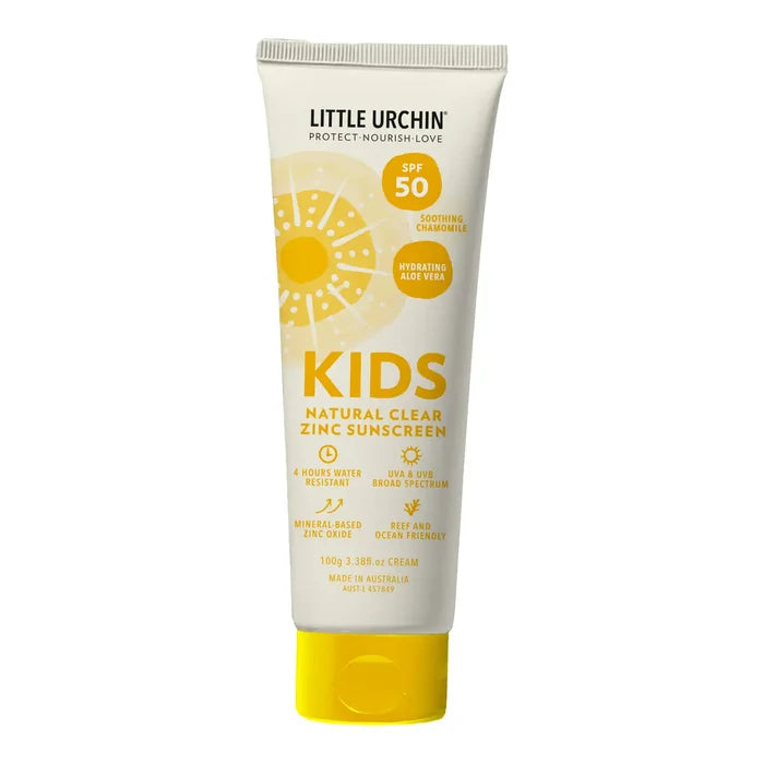 A tube of Little Urchin Kids Natural Clear Zinc Sunscreen SPF 50, featuring a white and yellow design with a sun graphic, on a solid white background.