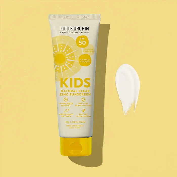 Little Urchin Kids natural clear zinc sunscreen tube on a yellow background.
