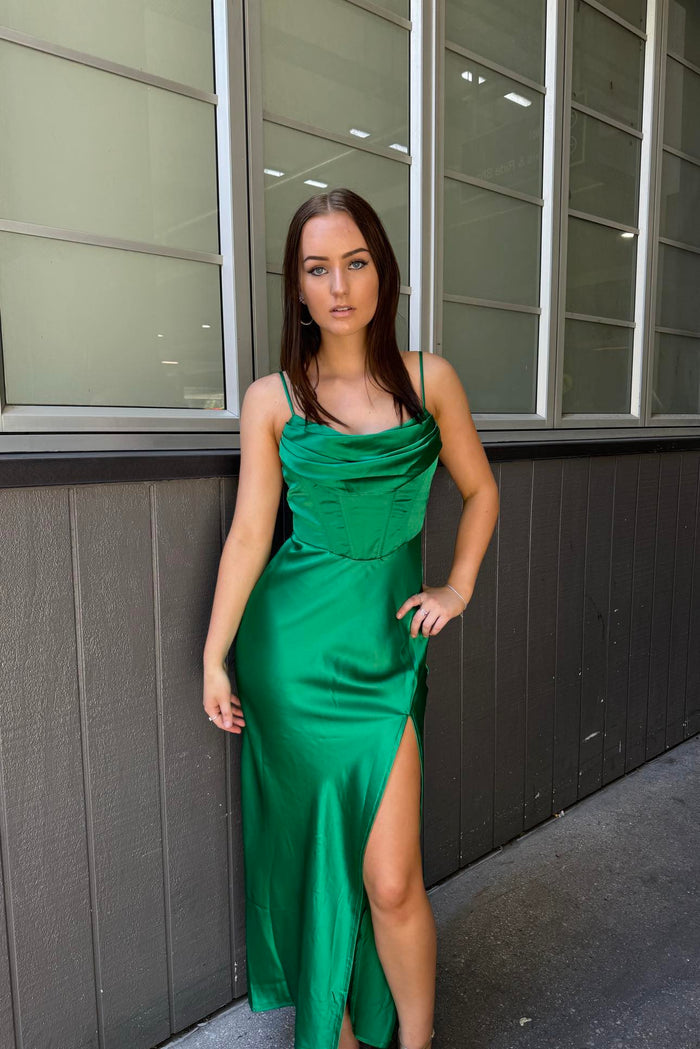 Kiki Satin Formal Dress - Emerald Green - Runway Goddess