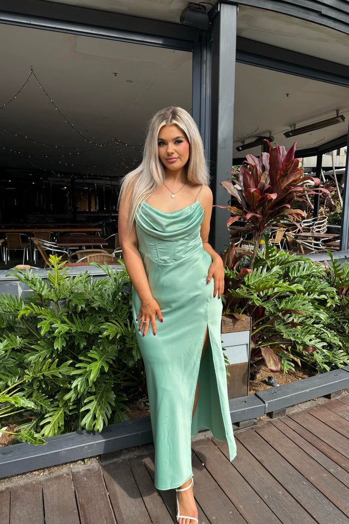 Kiki Satin Formal Dress - Sage - Runway Goddess