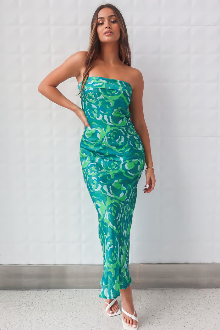 Kyra Satin Maxi Dress - Green Print - Runway Goddess