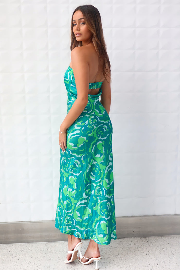 Kyra Satin Maxi Dress - Green Print - Runway Goddess