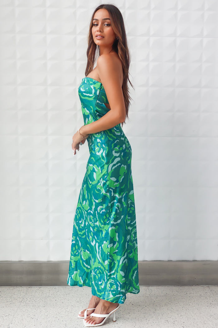 Kyra Satin Maxi Dress - Green Print - Runway Goddess