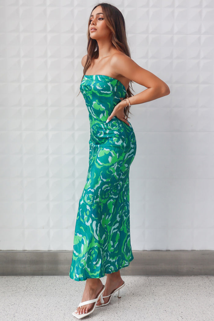 Kyra Satin Maxi Dress - Green Print - Runway Goddess