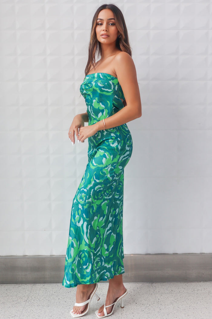 Kyra Satin Maxi Dress - Green Print - Runway Goddess