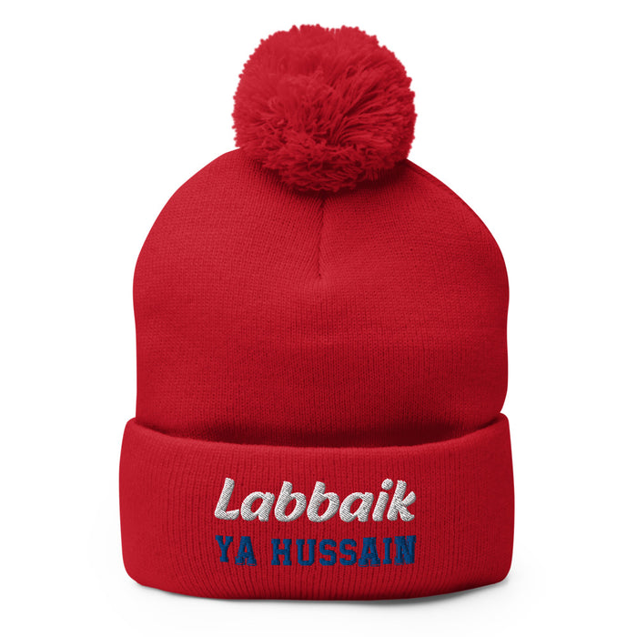 Labbaik Ya Hussain (as) White Blue - Embroidered Pom-Pom Beanie