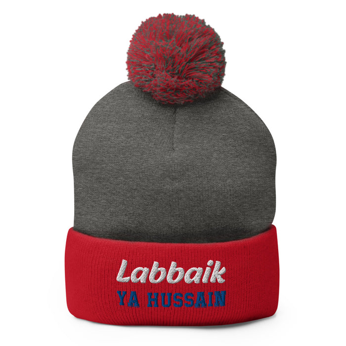Labbaik Ya Hussain (as) White Blue - Embroidered Pom-Pom Beanie