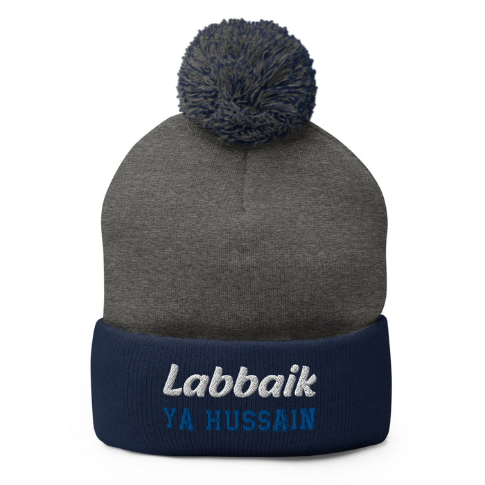 Labbaik Ya Hussain (as) White Blue - Embroidered Pom-Pom Beanie