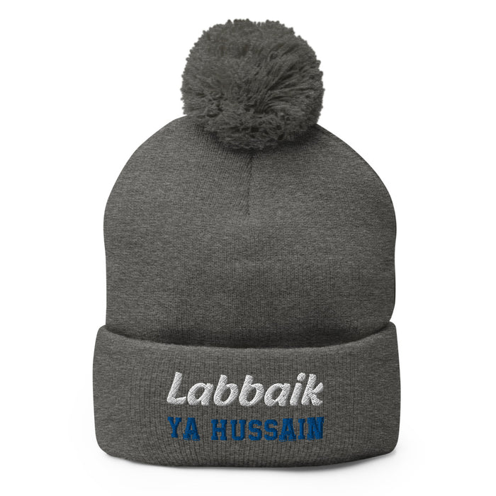 Labbaik Ya Hussain (as) White Blue - Embroidered Pom-Pom Beanie