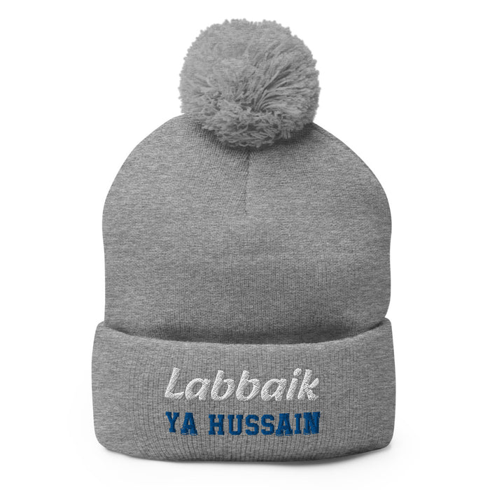 Labbaik Ya Hussain (as) White Blue - Embroidered Pom-Pom Beanie