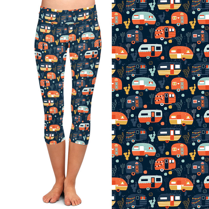 Ladies 3D Camping, Cars & Tents Printed Capri Leggings