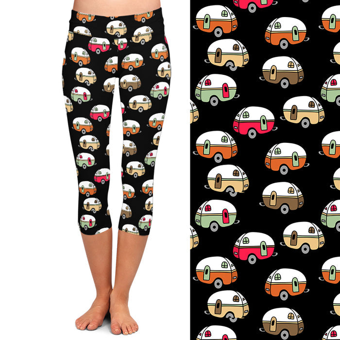 Ladies 3D Camping, Cars & Tents Printed Capri Leggings