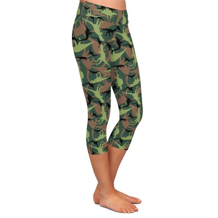 Ladies 3D Cartoon Camo Dinosaurs Printed Capri Leggings
