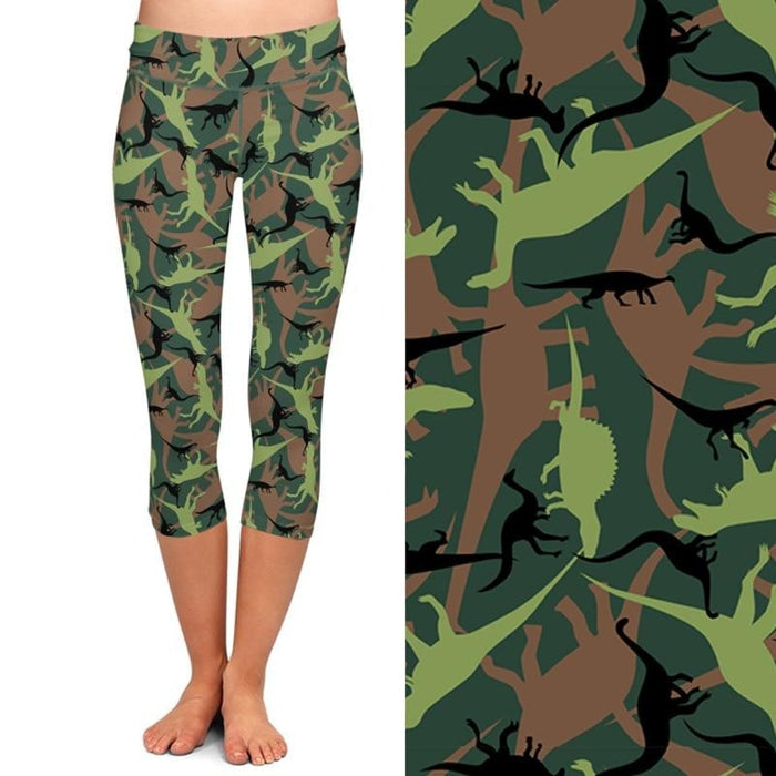 Ladies 3D Cartoon Camo Dinosaurs Printed Capri Leggings