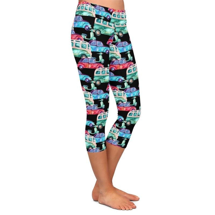 Ladies 3D Cartoon Classic Cars Printed Capri Leggings