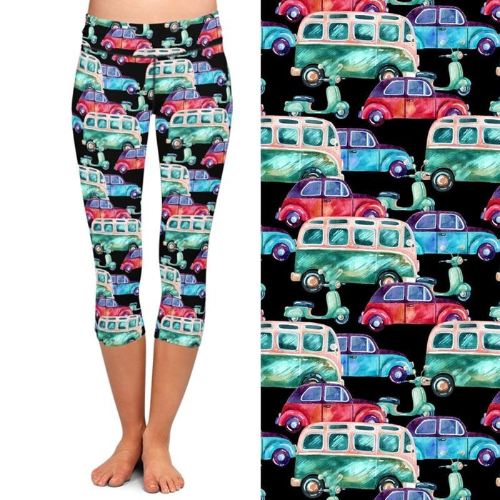 Ladies 3D Cartoon Classic Cars Printed Capri Leggings