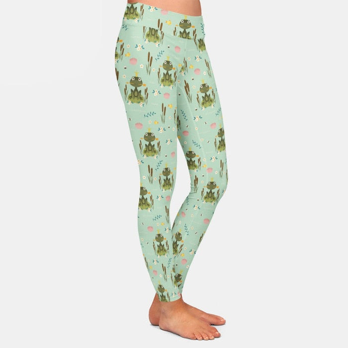 Ladies 3D Cartoon Froggies In Crowns Printed Leggings