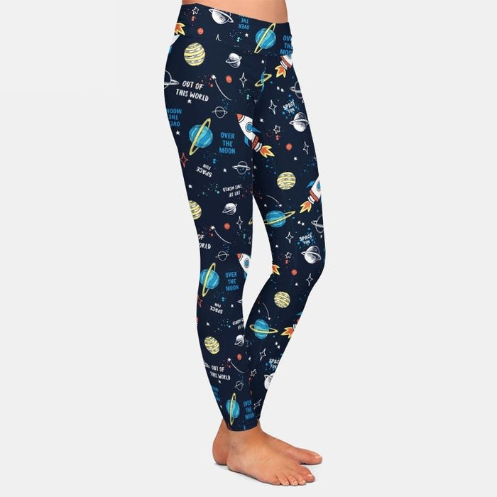 Ladies 3D Cartoon Space Rockets & Planets Printed Leggings
