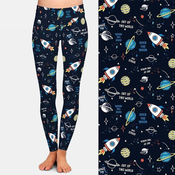 Ladies 3D Cartoon Space Rockets & Planets Printed Leggings