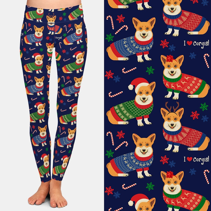 Ladies 3D Christmas Corgis Printed Leggings