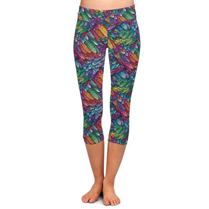 Ladies 3D Colourful Feathers Digital Printed Capri Leggings