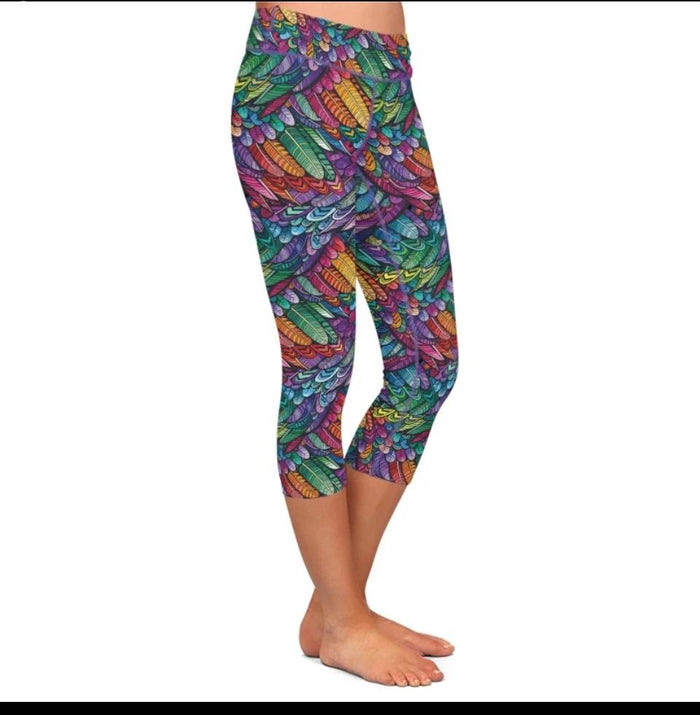 Ladies 3D Colourful Feathers Digital Printed Capri Leggings