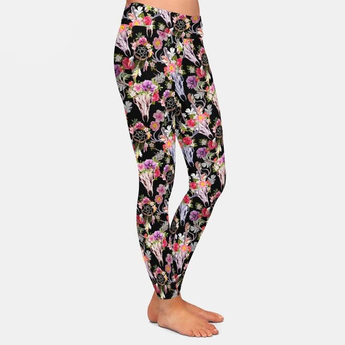 Ladies 3D Deer Skulls, Flowers & Dreamcatchers Printed Leggings