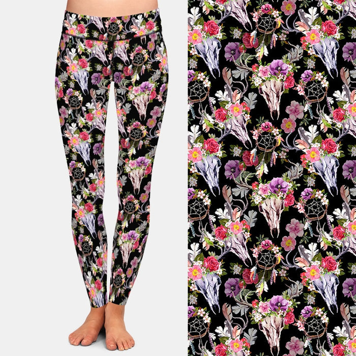 Ladies 3D Deer Skulls, Flowers & Dreamcatchers Printed Leggings