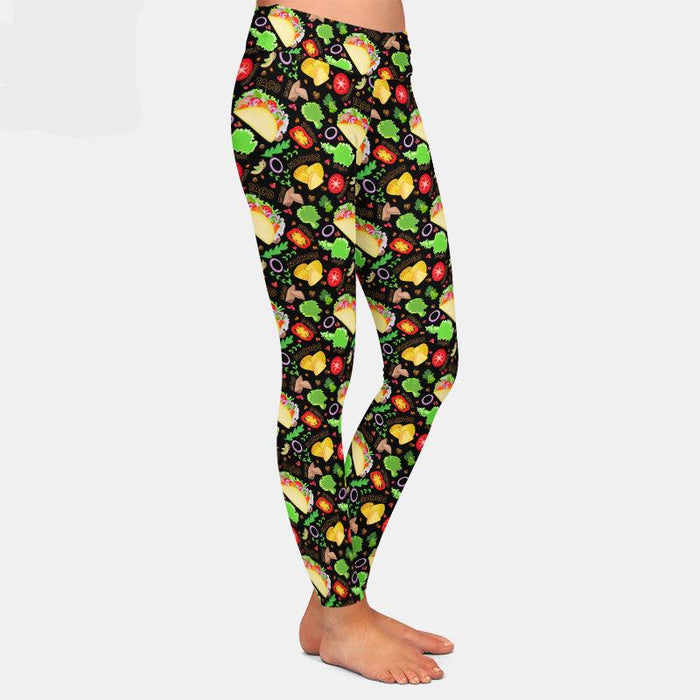Ladies 3D Fast Food Tacos & Pizzas Printed Brushed Leggings