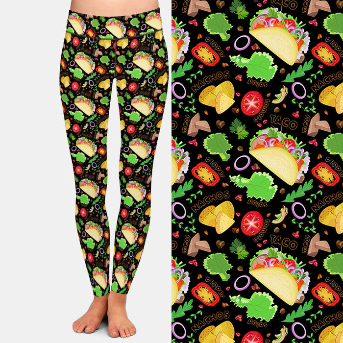 Ladies 3D Fast Food Tacos & Pizzas Printed Brushed Leggings