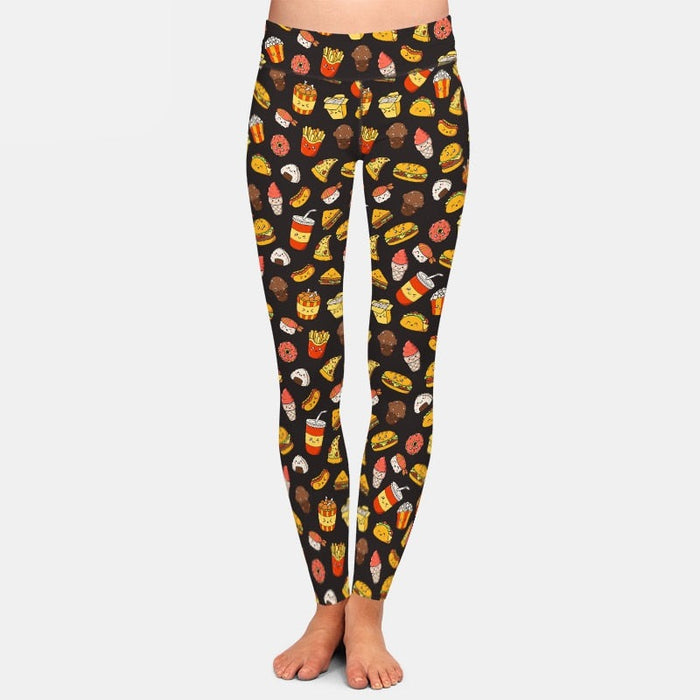 Ladies 3D Fast Food Tacos & Pizzas Printed Brushed Leggings