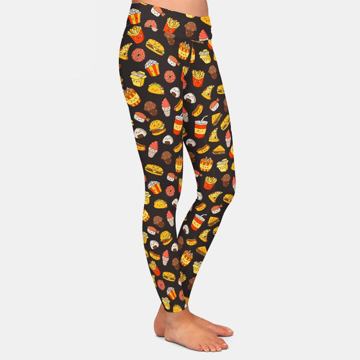 Ladies 3D Fast Food Tacos & Pizzas Printed Brushed Leggings