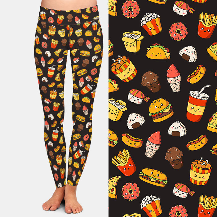 Ladies 3D Fast Food Tacos & Pizzas Printed Brushed Leggings
