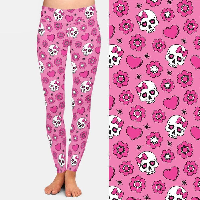 Ladies 3D Flowers, Skulls & Hearts Printed Leggings