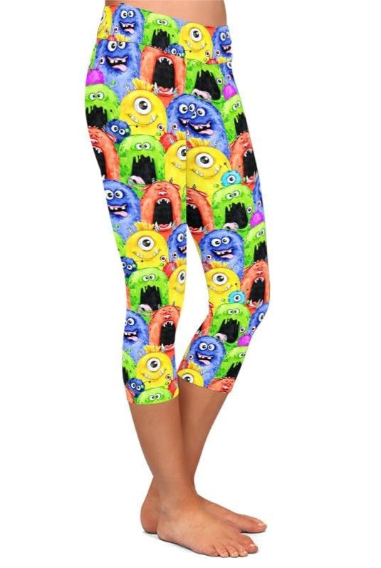 Ladies 3D Funny Monsters Brushed Capri Leggings