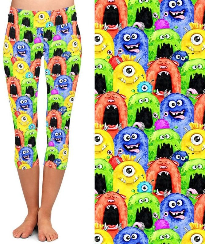 Ladies 3D Funny Monsters Brushed Capri Leggings
