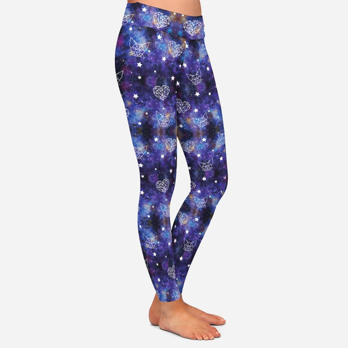 Ladies 3D Galaxy Cats, Hearts & Stars Pattern Printed Leggings
