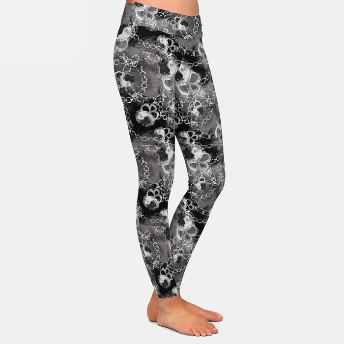 Ladies 3D Gothic Design Skulls & Silver Chains Printed Leggings