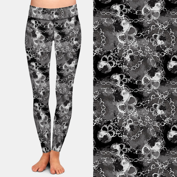 Ladies 3D Gothic Design Skulls & Silver Chains Printed Leggings